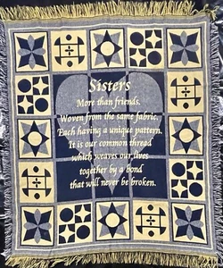 VINTAGE WOVEN TAPESTRY THROW ACCENT FRINGE BLANKET SISTER THEME BLUE & YELLOW - Picture 1 of 8