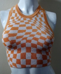 PERFECT STRANGER SIZE S KNIT TOP DESIGNED IN AUSTRALIA ORANGE WHITE SLEEVELES - Picture 1 of 7