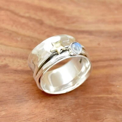 Banda de plata de ley 925, anillo de corazón, anillo de piedras preciosas de piedra lunar, delicado anillo Foto 1 de 3