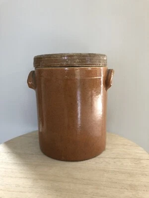 Ancien Cache Pot/Pot en Terre Cuite vernissé Avec Couvercle - Photo 1/4