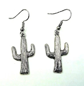 ANTIQUE SILVER ETCHED SAGUARO CACTUS DANGLE EARRINGS - Picture 1 of 5