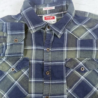 Vintage Wrangler Flannel Button-Up Shirt Mens L Plaid Blue Green White Y2K - Image 1 of 4