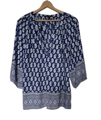 Túnica de algodón Willi Smith 1X azul blanco estampado cachemira cuello en V manga 3/4 popover Foto 1 de 3