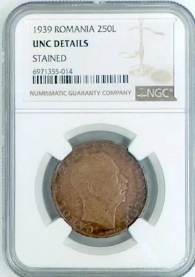 Romania 250 lei 1939, Carol II, NGC UNC Details silver .835 coin, rare - Image 1 of 2
