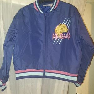 NWT Girl's Size 10-12 Def Leppard Navy Blue Bomber Zip Jacket New Leopard Back - Picture 1 of 2