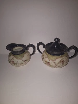 CF Monroe/Mount Washington Glass Handpainted Cream and Sugar Set Antique 1890s - Image 1 of 4