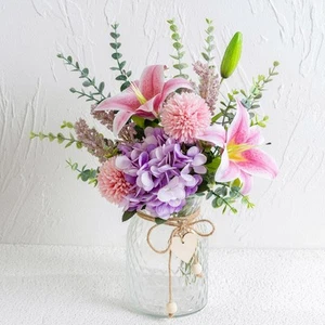 Faux Flowers with Vase, Artificial Silk Flowers in Vase, Fake Pink Lily,Purple - Picture 1 of 7
