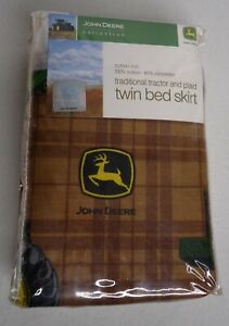 John Deere Tractor Bed Skirt Twin Brown Plaid Collection Farm NEW