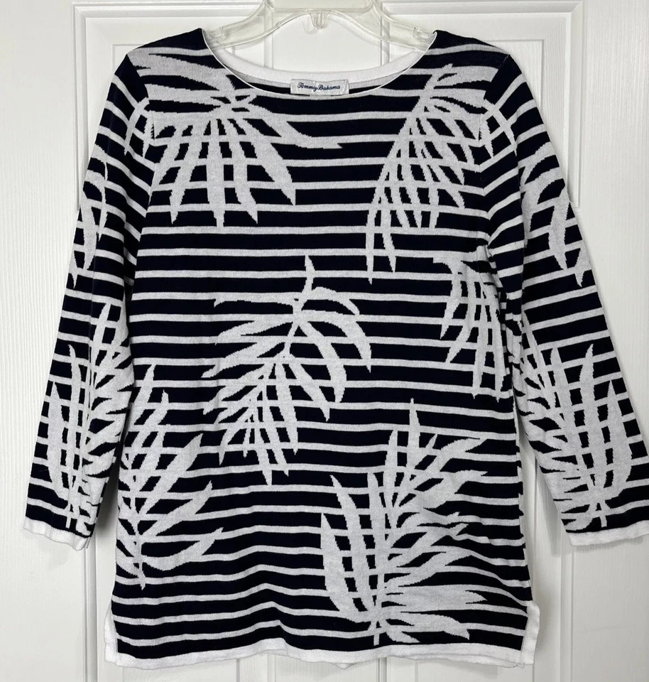 Tommy Bahama Top Mujer Talla PS Azul Marino Blanco Rayas Manga 3/4 Follaje Foto 1 de 4