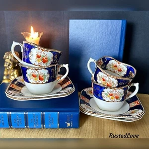 Juegos de tazas planas y platillos Wood & Sons Napoli azul vintage de Inglaterra década de 1920 - 4 juegos * - Imagen 1 de 13