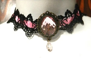 PINK BLACK VELVET LACE CHOKER necklace bronze filigree Gothic lolita EGL K6 - Picture 1 of 5