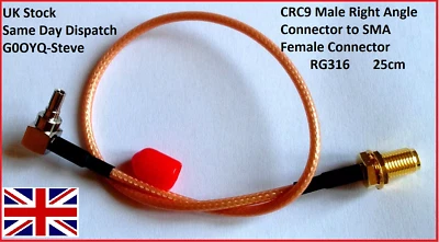 CRC9 Male Right Angle Connector to SMA Female Connector RG316 25cm - Image 1 of 3