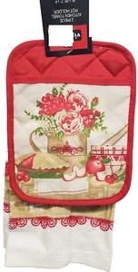 2pc Set: 1 Jumbo Pot Holder (7"x9") & 1 Kitchen Towel, APPLES & FLOWERS, VIP - Picture 1 of 9