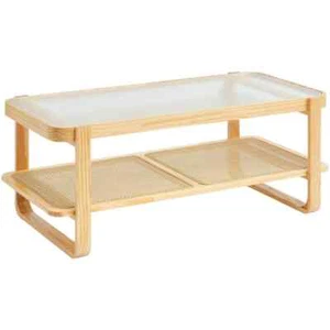 Rattan Coffee Table, Rectangle Rattan Woven Wood Coffee Table with Tempered Glas - Picture 1 of 8