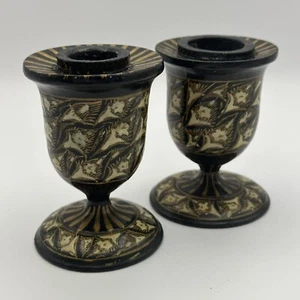 Two Hand Painted Wood Candle Holders Black Gold Boho Farmhouse Abstract Folk Art - Picture 1 of 12