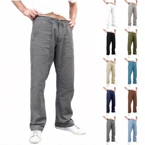 Mens Cotton Linen Drawstring Baggy Beach Pants Casual Lightweight Loose Trousers - Picture 1 of 43