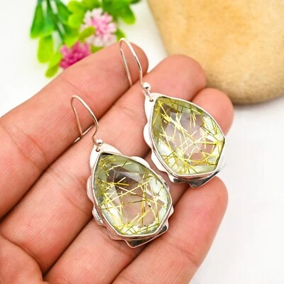 Golden Rutilated Quartz Earrings 925 Sterling Silver Gemstone Handmade Jewelry - Image 1 of 4