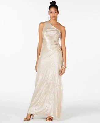CALVIN KLEIN  Gold One-Shoulder Ruched Beaded Gown Maxi Dress Size 10 New NWT  - Image 1 of 3