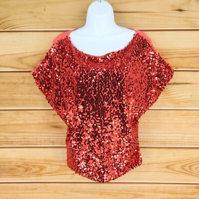 Jennifer Lopez Sequin Blouse Top Womens Size M Red Short Sleeves Round Neck - Image 1 of 4