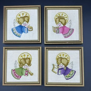 ELSA WILLIAMS komplettes KIRSCHENGEL Crewel Stickerei gerahmt 4er Set Vintage - Bild 1 von 11