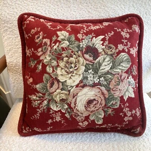 Waverly Red Floral Cottage Cabbage Rose Red Velvet Back Throw Pillow Feather - Picture 1 of 13