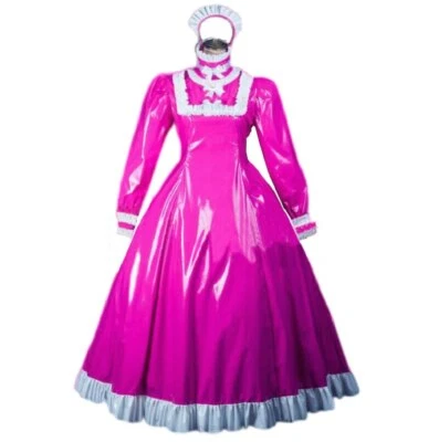MARKENLOS French Sissy Maid girl Lockable Long Pink PVC Dress Cosplay Costumes Tailor-made