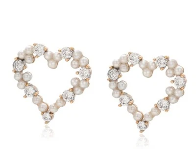 Luxus Herz Perlen Ohrringe Ohrstecker Zirkonia 750er Gold 18K vergoldet 16mm - Bild 1 von 4