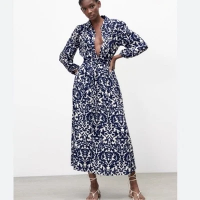 Camisa Zara azul marinho marfim creme amarrar cintura folhada manga maxi tamanho G - Imagem 1 de 4