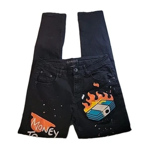 M Society Mens Graphic BLACK Denim Skinny Jeans Size 30X32 GRAPHICS - Picture 1 of 14