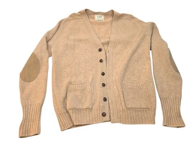 Suéter LL Bean Para Hombres Medio Marrón Cabello Camello Lana de Cordero con Parche en el Codo de Gamuza EE. UU.  Foto 1 de 4