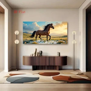 Galloping Brown Horse In Snowy Fields At Sun Unframed Canvas Painting for Living - Picture 1 of 6