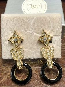 VINTAGE SIGNIERTE CHRISTIAN DIOR GOLDFARBENE KLARE KRISTALLE NEU MIT ETIKETT CLIP-ON-OHRRINGE - Bild 1 von 6