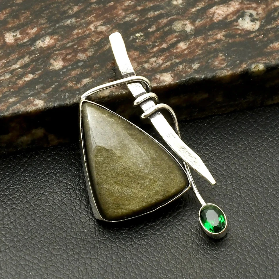 Colgante hecho a mano de piedras preciosas de cuarzo verde obsidiana brillo plateado joyería 2" AP-20576 Foto 1 de 1