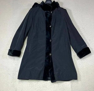 John Lewis Flared Button Black Front Hooded Jacket Coat Size 18 Fur Lining - Picture 1 of 8