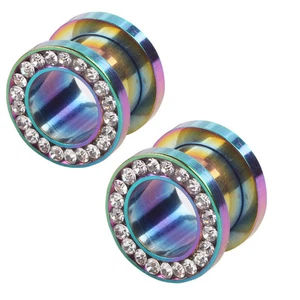 PAIR Stainless Steel RAINBOW CZ Ear Gauges Ear Plugs Flesh Tunnels 8g - 5/8" - Picture 1 of 5