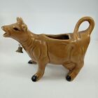 Vintage Ceramic Cow Creamer Pitcher Brown Jersey Cow with Bell 4.5" x 6"