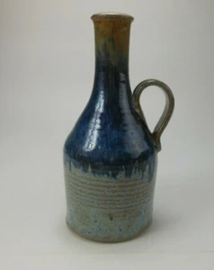 Botella de jarrón de cerámica artística Crow HH Studio con mango aplicado esmalte de goteo azul marrón - Imagen 1 de 12