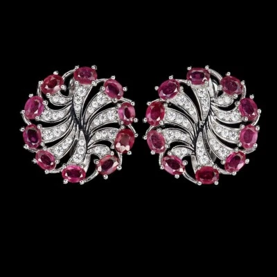 Silver Earrings Ruby Genuine Natural Mined Gems Solid Sterling Stud Design - Image 1 of 4