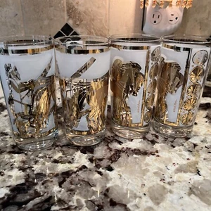 Set of 4 FRED PRESS Signed Gold Chariot Horse Glasses 60s Vintage - Picture 1 of 6