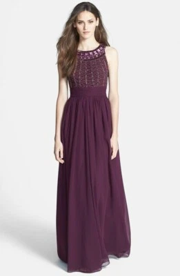 JS COLLECTIONS Purple Beaded Sequin Embellished Bodice Chiffon Maxi Gown Dress 4 - Image 1 of 4
