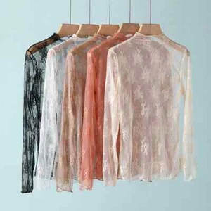 Camiseta de encaje floral transparente para dama Top transpirable cuello falso manga larga Pullover Top - Imagen 1 de 11