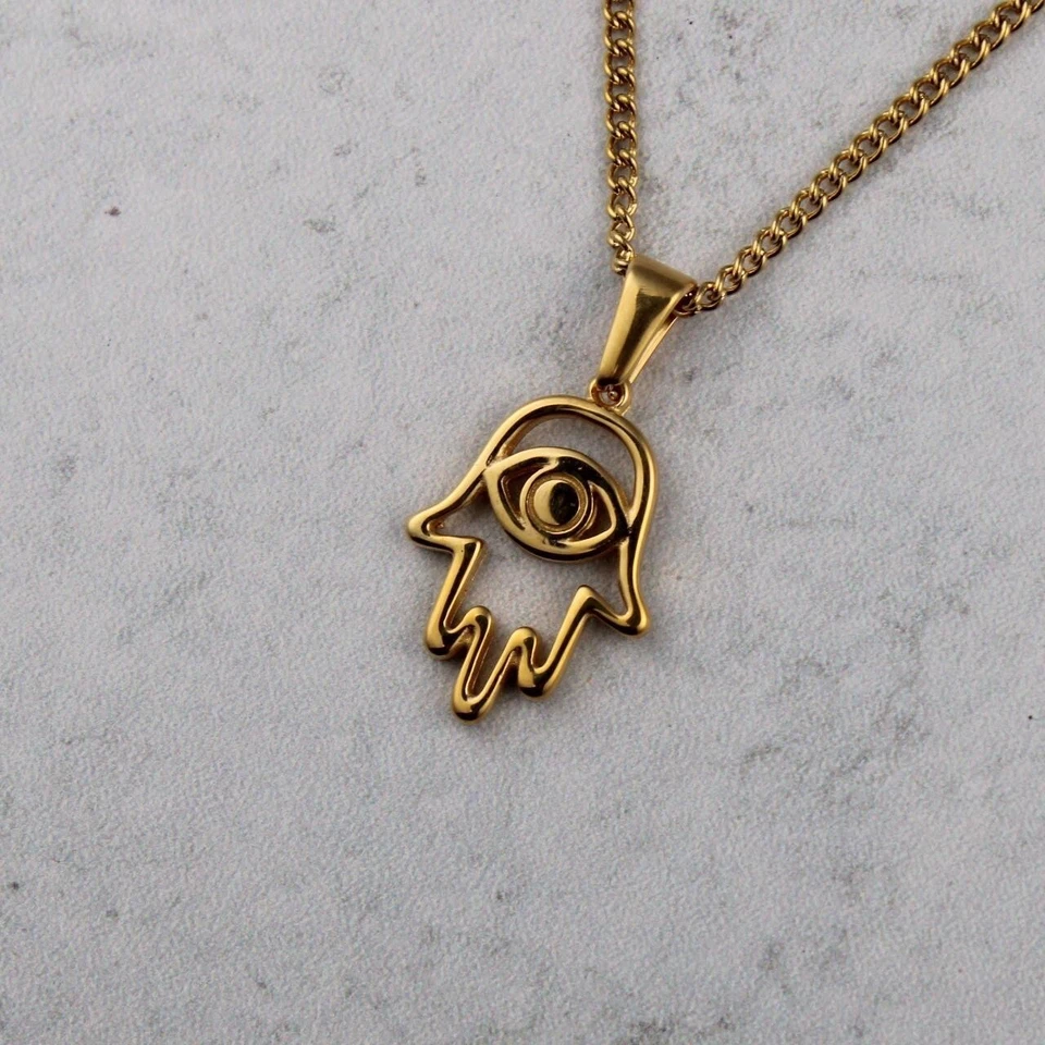 Gold Hamsa Evil Eye Pendant Chain Necklace Hand of Fatima Stainless Steel - Bild 1 von 4