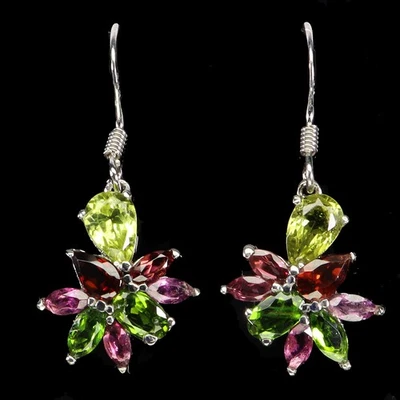 Black Friday Sterling Silver Earrings Pear Peridot Chrome Diopside Rhodolite Gem - Image 1 of 4