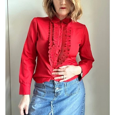 Vintage 70s Red Tuxedo Blouse Womens Size Small Romantic Ruffle Detail - Image 1 of 4