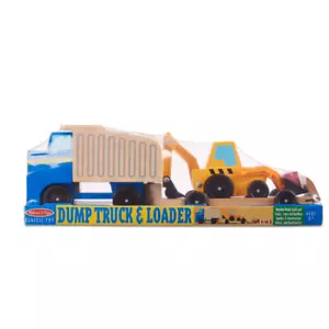 MELISSA & DOUG Wooden Dump Truck & Loader Trailer & Road Barrier Age 3+ NEW - Picture 1 of 7