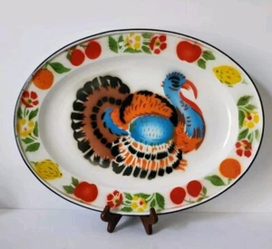 Piatto tacchino vintage - metallo smaltato. Tacchino dipinto. 17,5" X 13" - Foto 1 di 7
