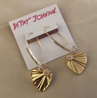 Betsey Johnson Gold Tone Heart Shaped Candy Box Drop Earrings Crystal NWT - Image 1 of 4