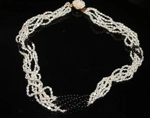 SIX Strand Fresh Water Pearl Necklace with black Onyx Beads 24" 81716A - Picture 1 of 5