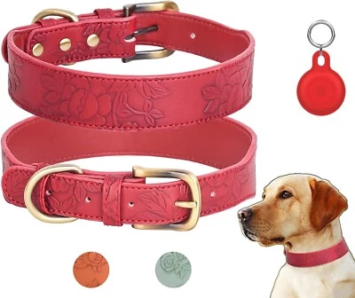 Flower Pattern Faux Leather Dog Collar with Waterproof Airtag Holder - Image 1 of 4