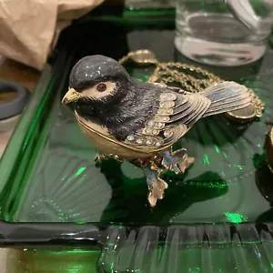 Tit Bird Bejeweled Enameled Metal Trinket Jewlery Holder - Picture 1 of 6
